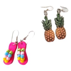 Summer Earring Set Pink Flip Flops Pineapples Post Pierced Earrings